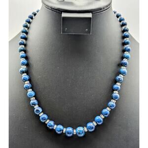 VTG 14K Gold Clasp Navy Blue Black Vein Graduated Beads & Crystal 21" Necklace